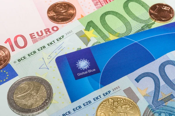 European currency notes and coins with Tax Free plastic card — Stock Photo, Image
