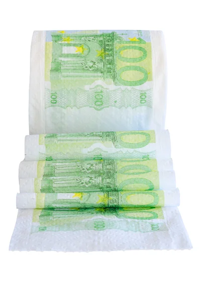 Unwound toilet peper roll with 100 euro bank notes — Stock Photo, Image