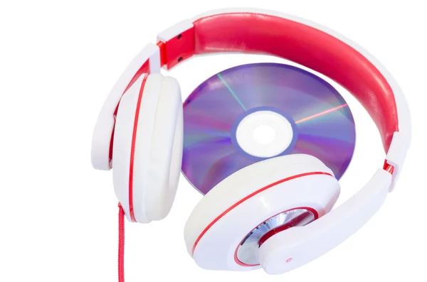 Audio compact disc and red white headphones — Stock Photo, Image