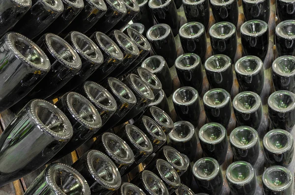 Rack stand with dusty bottles — Stock Photo, Image