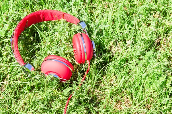 Vibrant red headphones on fresh glade — Stock Photo, Image