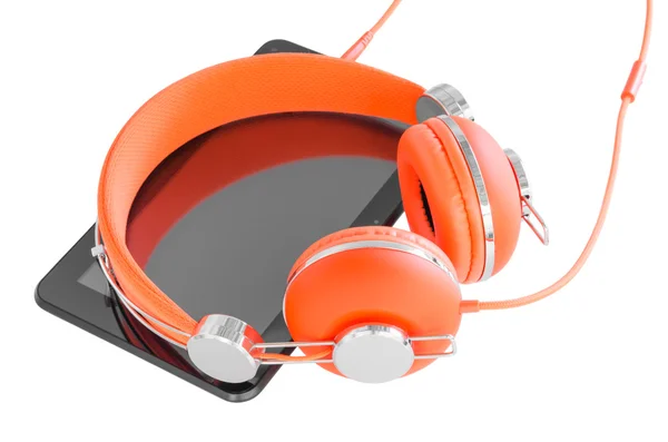 Vivid orange headphones and black tablet pc — Stock Photo, Image