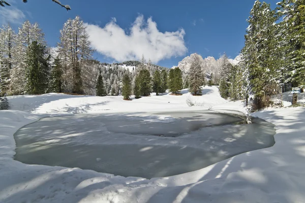 Zugefrorener Teich in den Dolomiten — Stockfoto