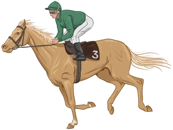 Jockey en un caballo de carreras palomino — Vector de stock