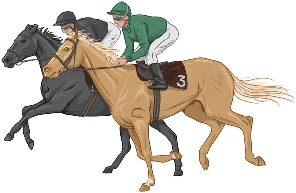 Dos jinetes en sus caballos de carreras — Vector de stock