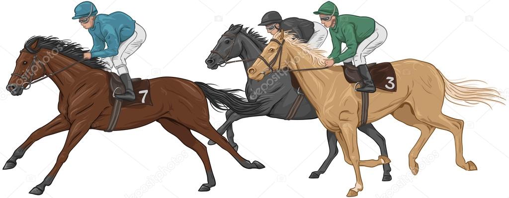 Three jockeys on their racehorses
