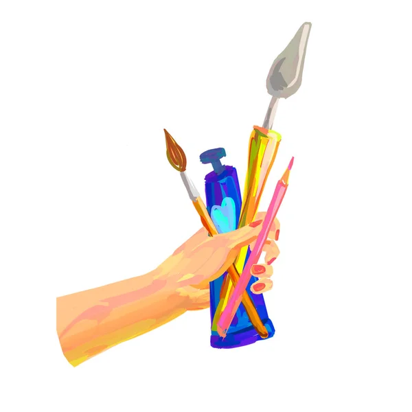 hand holds drawing tools. Creation 