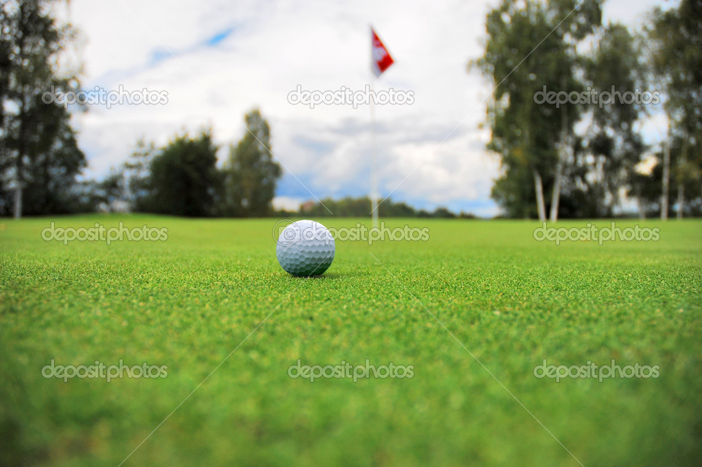 Golf ball in front of flag