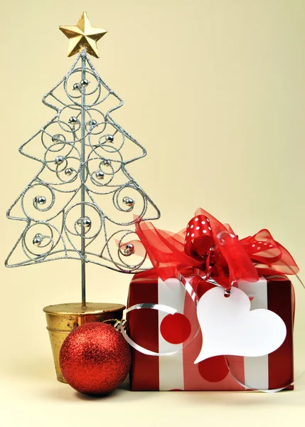 Red Christmas Present Gift with Ornament Tree — Stock Photo, Image