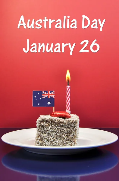 Australia Day Lamington Cake, flag and candle with text. — Stock Photo, Image