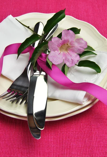 Gümüş çatal bıçak takımı ile (dikey Tema yemek masası ayarını pembe) — Stok fotoğraf