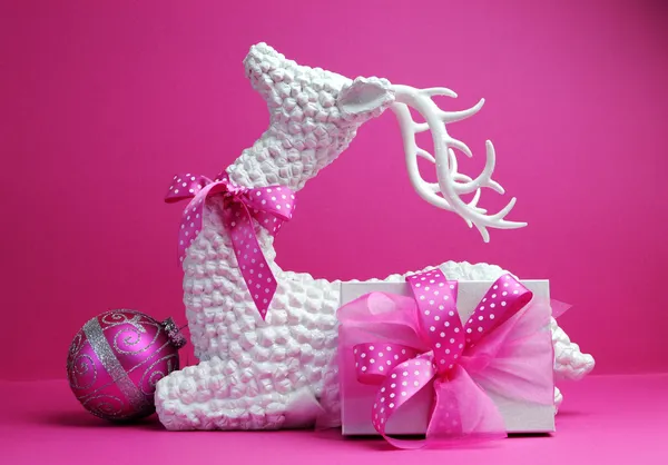 White reindeer, pink bauble and present gift festive holiday Christmas still life — Stock Photo, Image