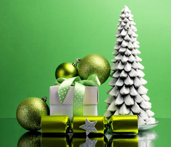 Green theme Christmas tree, gift and baubles festive holiday still life. — Stock Photo, Image