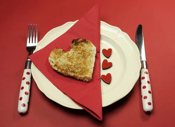 Red theme Valentine breakfast with heart shape toast with love hearts — Stock Photo, Image