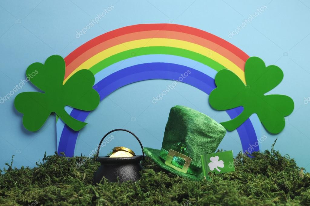 St Patricks Day Still Life With Leprechaun Hat Pot Of Gold Shamrocks And Rainbow