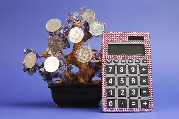 Conceito de árvore de dinheiro com moedas penduradas em uma árvore de cristal com calculadora rosa contra um fundo azul . — Fotografia de Stock