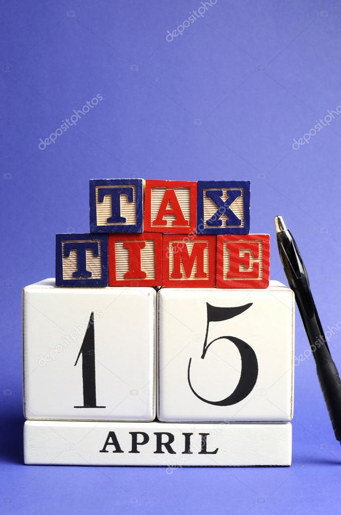 Save the Date, April 15, USA Tax Day with white calendar and red, white ad blue building block letters on blue background. Vertical with copy space.