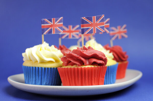 English theme red, white and blue cupcakes with Great Britain Union Jack flags