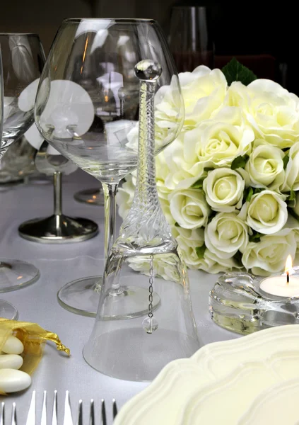 Close up of detail on wedding breakfast dining table setting with glass bell. — Stock Photo, Image