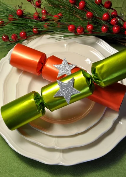 Green theme Christmas dining table setting — Stock Photo, Image