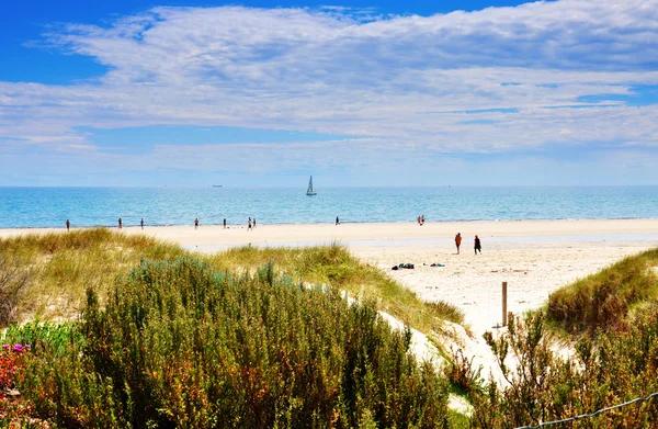 Sunny day at the beach with sailing boat in background. Taken at Henley Beach, South Australia. — Stock Photo, Image