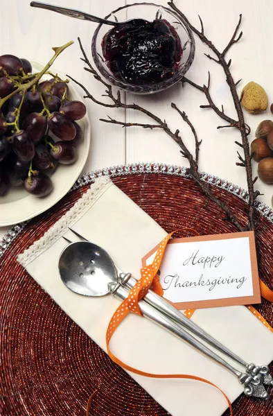 Happy Thanksgiving brunch, lunch or dinner table setting — Stock Photo, Image