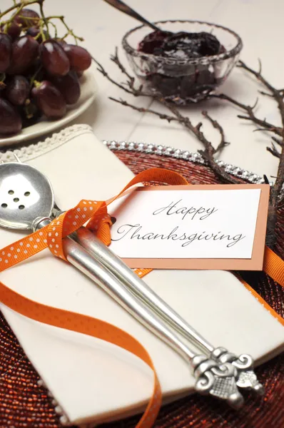 Happy Thanksgiving brunch, lunch or dinner table setting — Stock Photo, Image