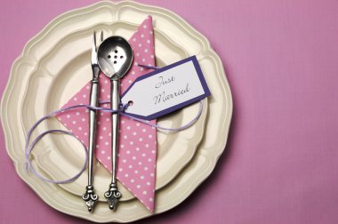 Pink polka dot vintage Just Married wedding table place setting. clipart