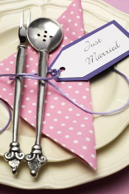 pembe polka dot vintage sadece evli evlilik tablosu yer ayarı.