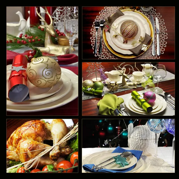 Feestelijke kerst formele eettafel instelling collage — Stockfoto