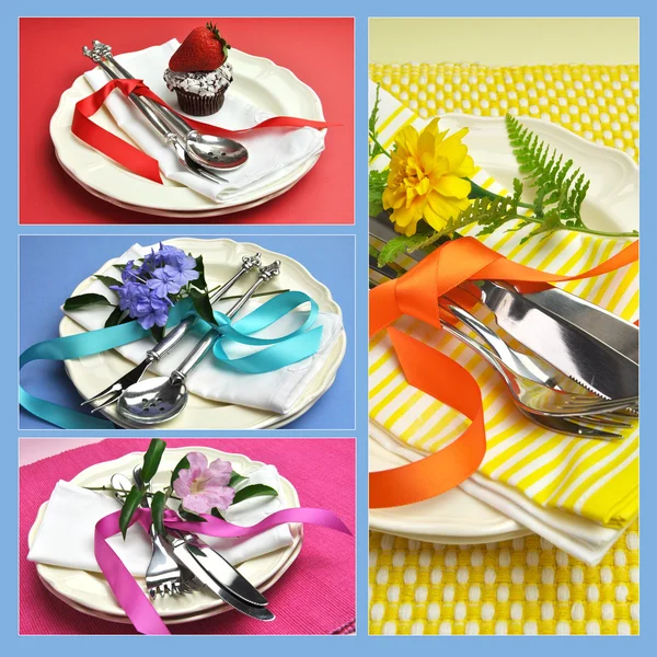 Colagem colorida de belas configurações de mesa de jantar — Fotografia de Stock