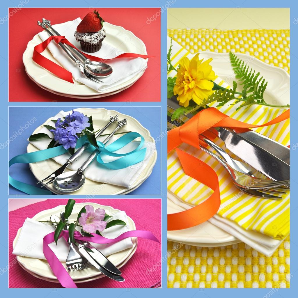 Colorful collage of beautiful dining table place settings