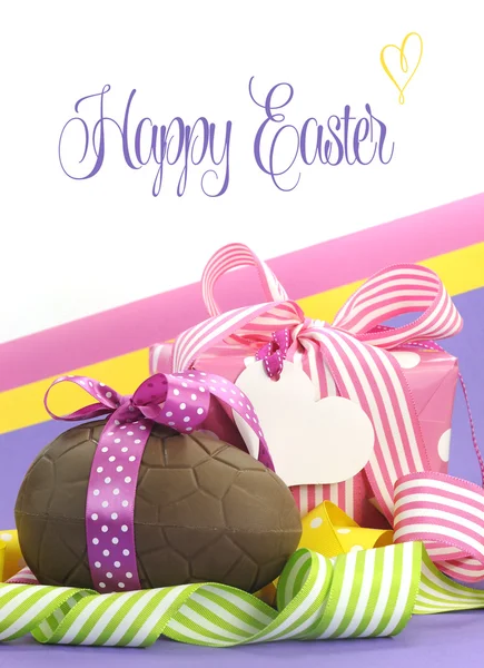 Colorful pink, purple and yellow theme Happy Easter chocolate eggs — Stock Photo, Image