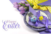Happy Easter yellow and purple mauve lilac theme easter table place setting