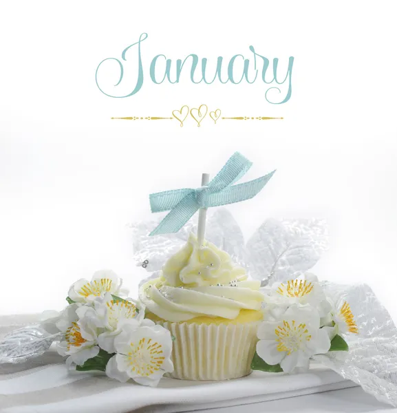 Beau cupcake avec des fleurs de saison et des décorations pour chaque mois de l'année échantillon de texte — Photo