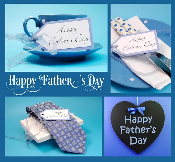 Ojcowie szczęśliwy dzień kolaż cztery obrazy z prezenty, tablica i przykładowy tekst powitania na niebieskim tle — Zdjęcie stockowe