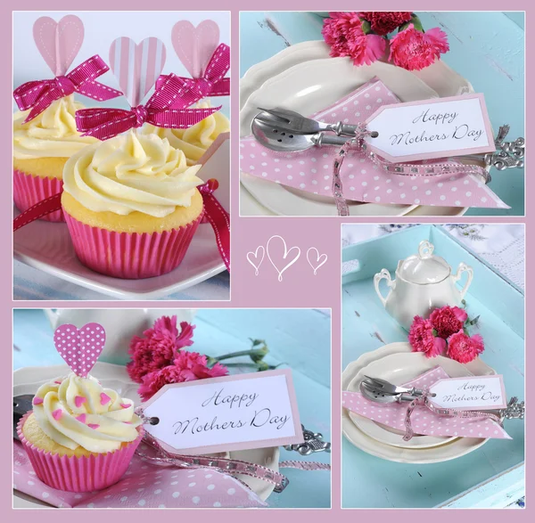 Happy Mothers Day collage of four images of pink theme cupcakes gifts on vintage aqua blue tray setting with berries and cream — Stock Photo, Image