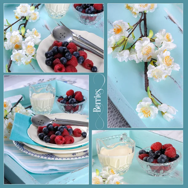 Collage of beautiful shabby chic vintage aqua blue tray setting with berries and cream, antique fine china setting, spring theme margherite e testo campione . — Foto Stock