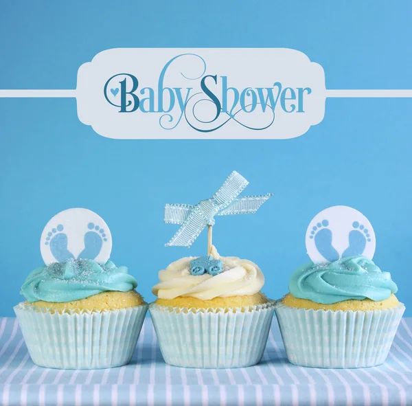 Blue theme baby boy cupcakes with greeting sample text — Stock Photo, Image