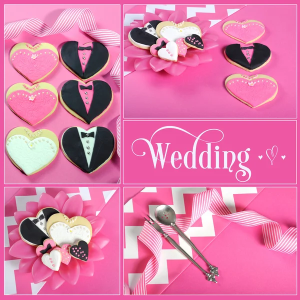 Wedding collage of four pink, black and white bride and groom heart shape cookies