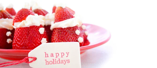 Banner de férias de Natal com morango Santas na placa de polca vermelha e branca — Fotografia de Stock