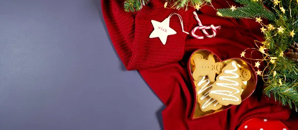 Acogedoras galletas de Navidad y suéter diseño concepto creativo flatlay. — Foto de Stock