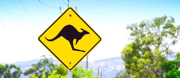 Känguru überquert Schild entlang australischer Straße. lizenzfreie Stockfotos