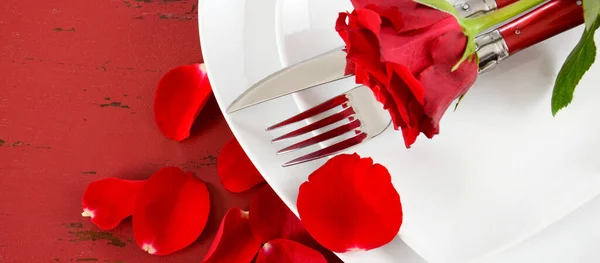 Valentine table setting closeup banner. — Stock Photo, Image