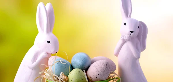 Easter Bunny with Bucket of Eggs Banner — Stock Photo, Image