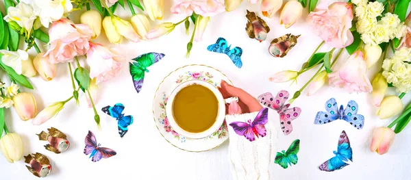 Γεια σας άνοιξη χαλαρωτικό τσάι διάλειμμα ιδέα επίπεδη Lay. — Φωτογραφία Αρχείου