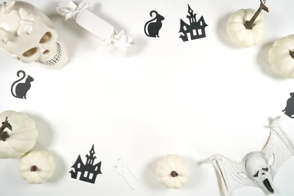 White Halloween Framed Border Background Styled White Skull Pumpkins Negative — Stock fotografie