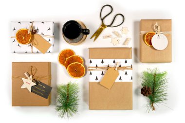 Scandi Christmas composition flatlay with gifts and decorations. Modern trend gift wrapping.