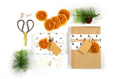 Scandi Christmas composition flatlay with gifts and decorations. Modern trend gift wrapping.