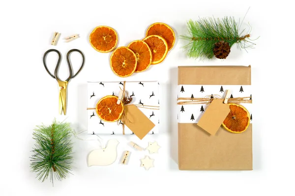 Scandi Christmas Composition Flatlay Gifts Decorations Modern Trend Gift Wrapping — Foto de Stock